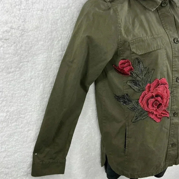 Active USA NWT Lg Hooded Utility Jacket Floral Patch Military Army Green Shacket - Picture 4 of 16